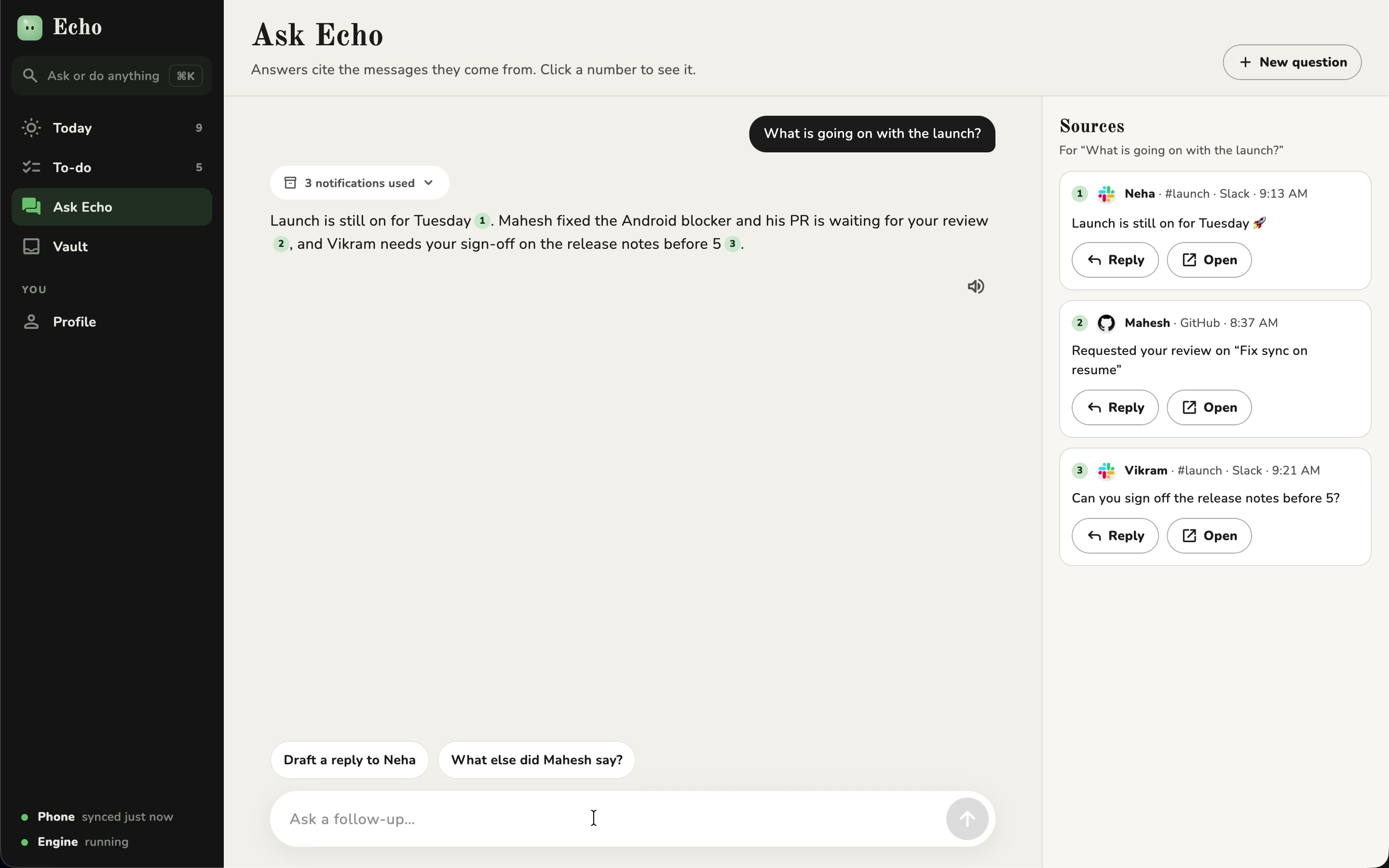 Ask Echo on a desktop, answering with a Sources pane of the Slack and GitHub messages it used.