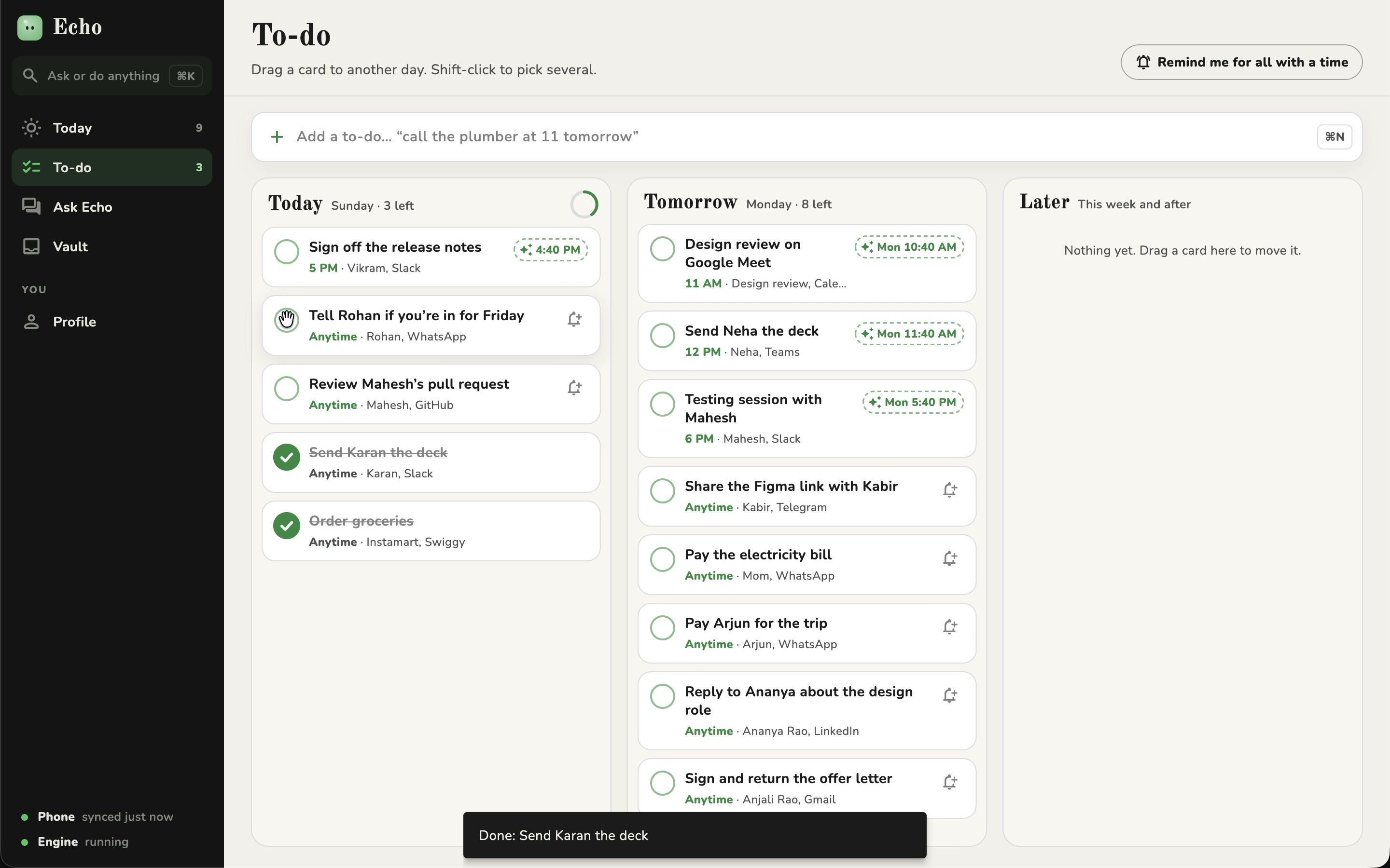 The To-do board on a desktop, with Today, Tomorrow and Later columns.