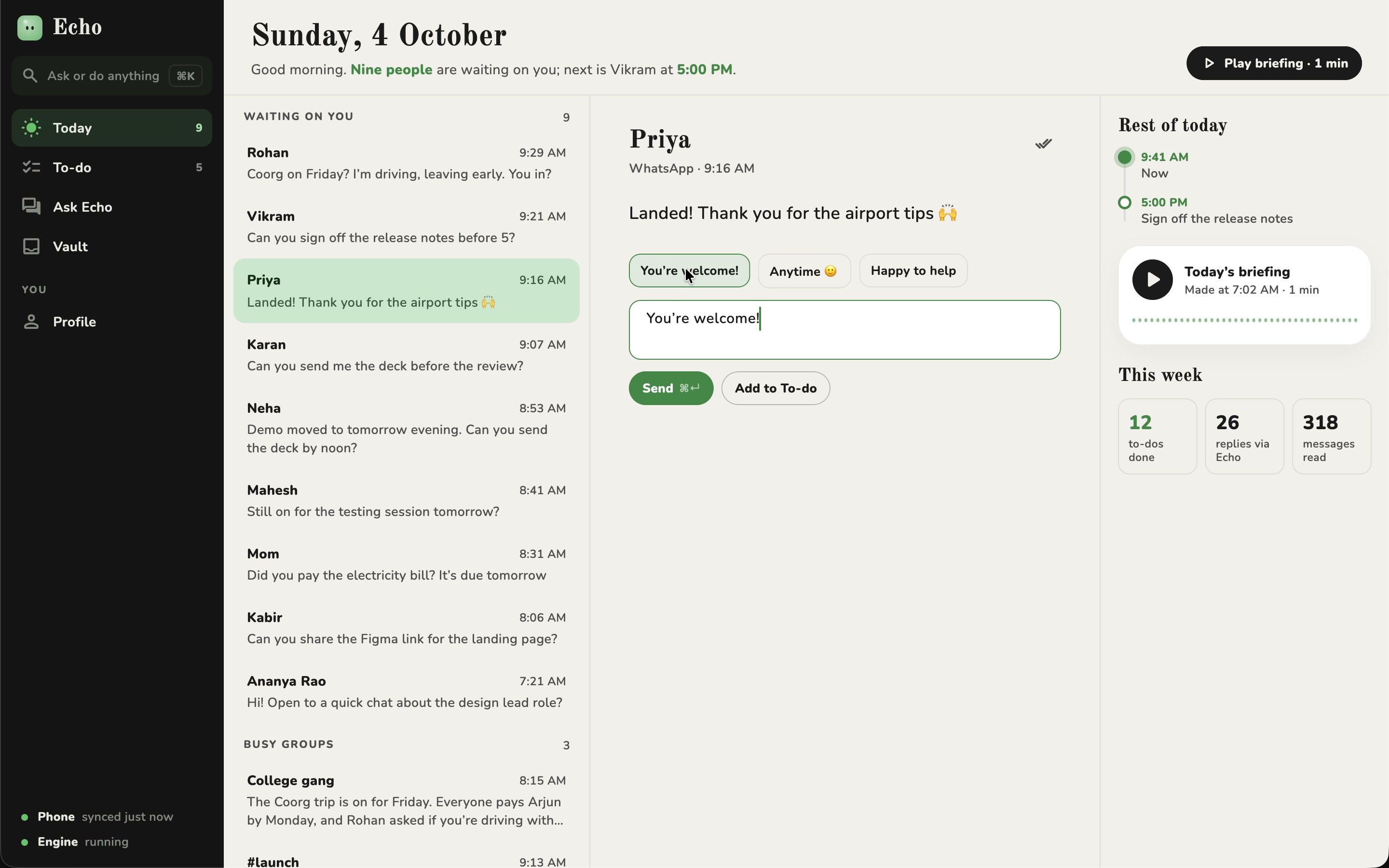 Echo’s Today on a desktop: Priya’s message open, a suggested reply picked and ready to send.