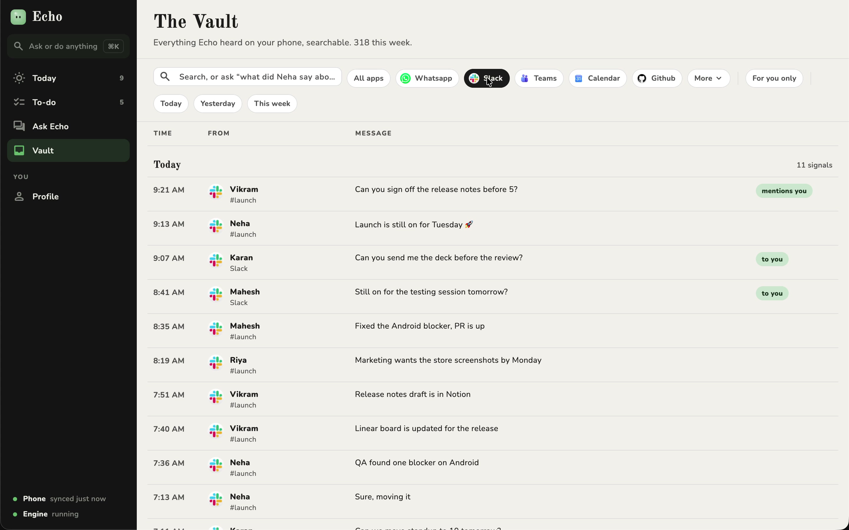The Vault on a desktop: every notification Echo heard, filtered to Slack.